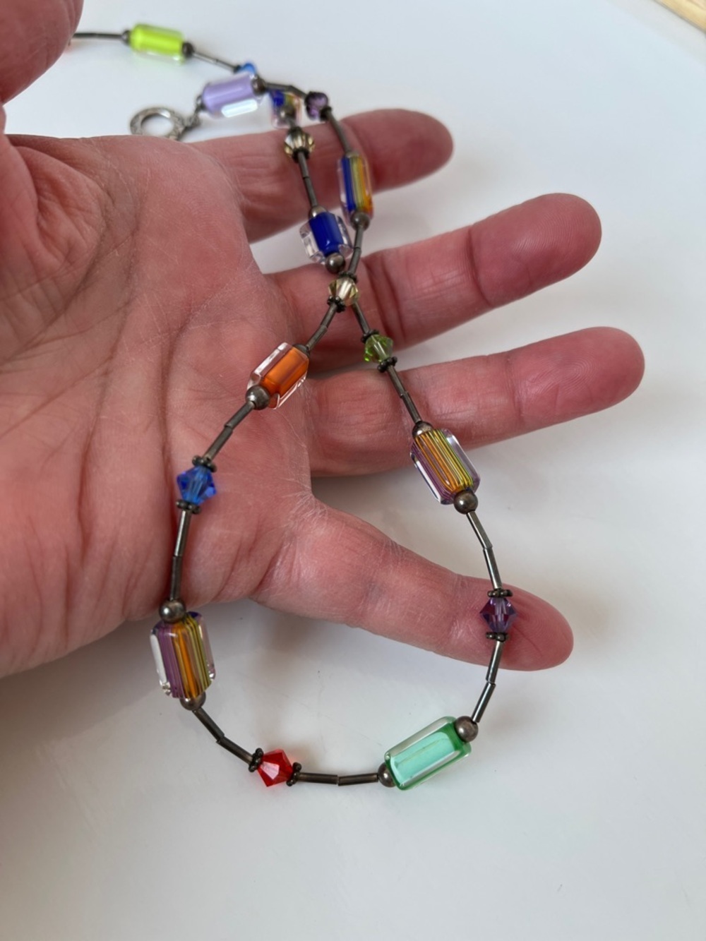 Vintage Shube Sterling Silver Multicolor Glass Bead Necklace 90s Art Jewelry - Picture 9 of 10